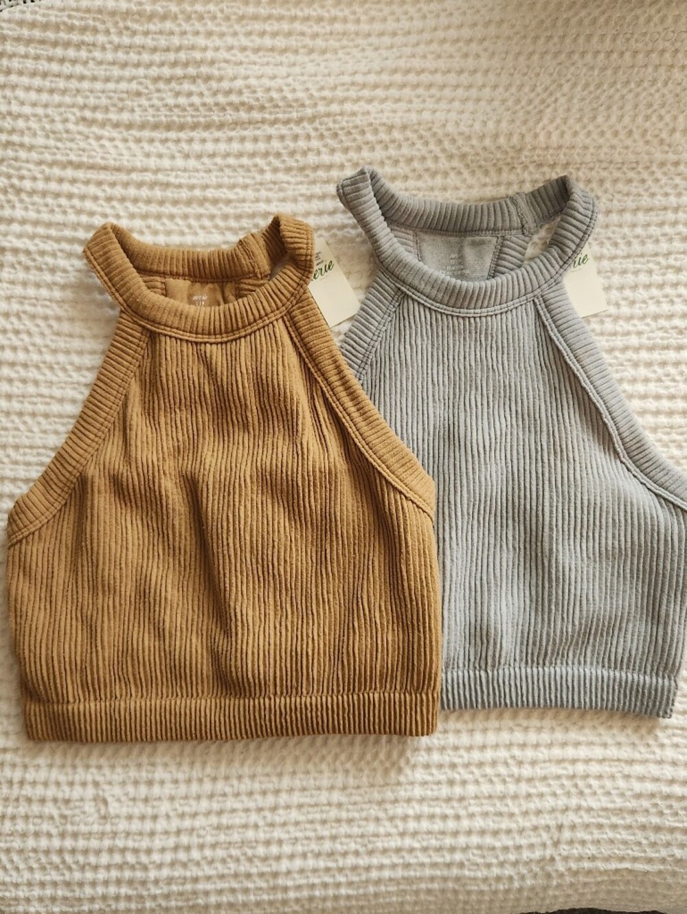 aerie Ribbed Halter Crop Tops in Tan and Light Gray